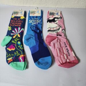 Lot Blue Q Novelty Crew Socks Bundle Spooky Sh** Delicate Flower Sock Wh*** NWT